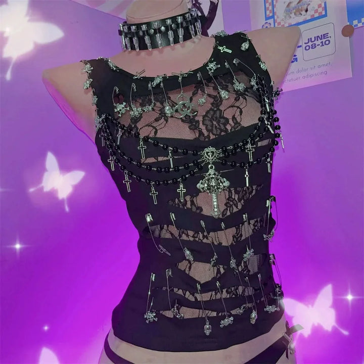 Sleeveless round neck beaded cross lace top-final-sale