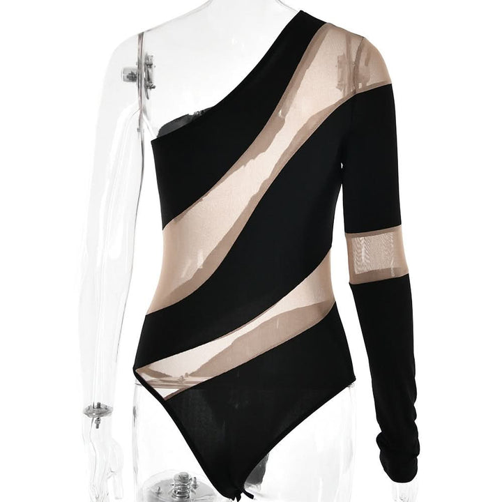 Irregular one shoulder mesh button bodysuit  | Festival Outfits Women