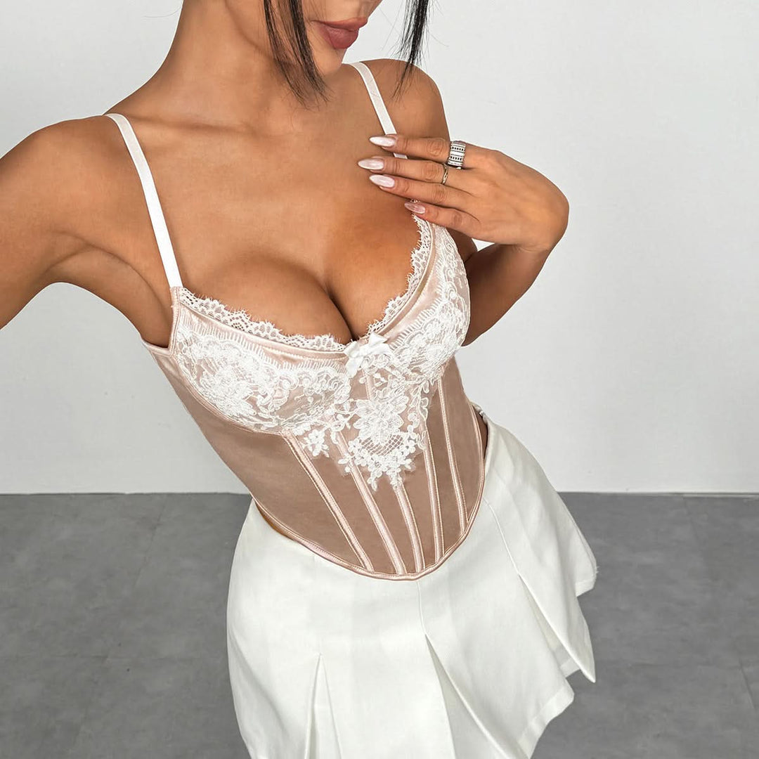 V neck lace hem corset embroidery cami top  | Festival Outfits Women