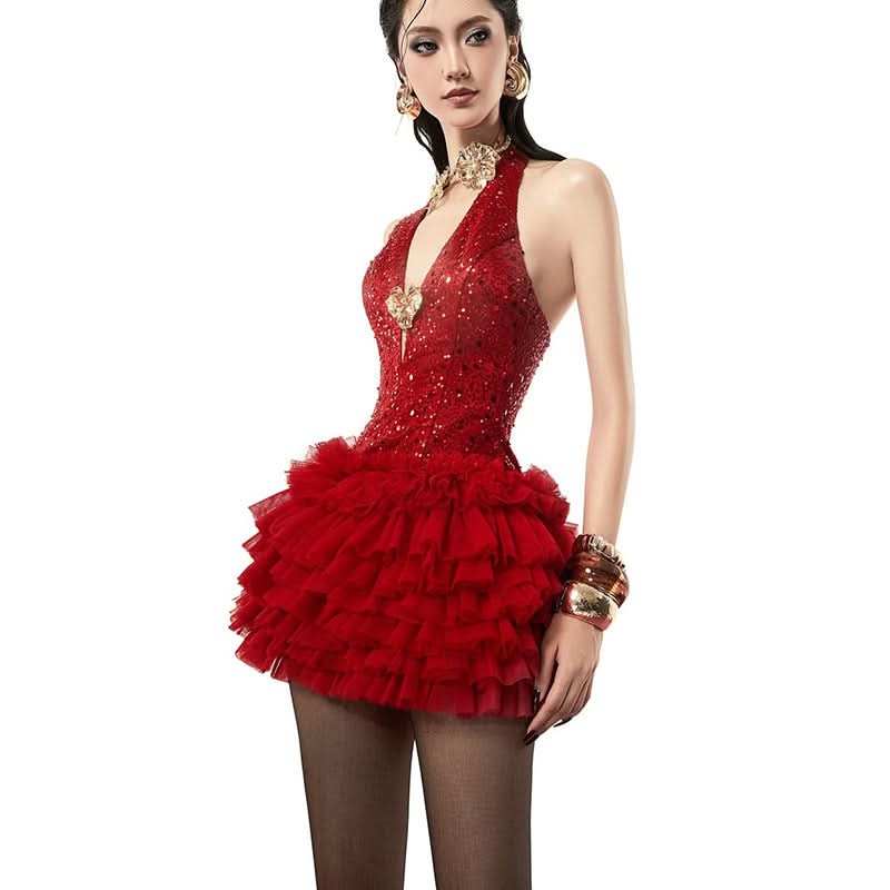 Glitter deep V neck ruched halter ruffle mini dress  | Festival Outfits Women
