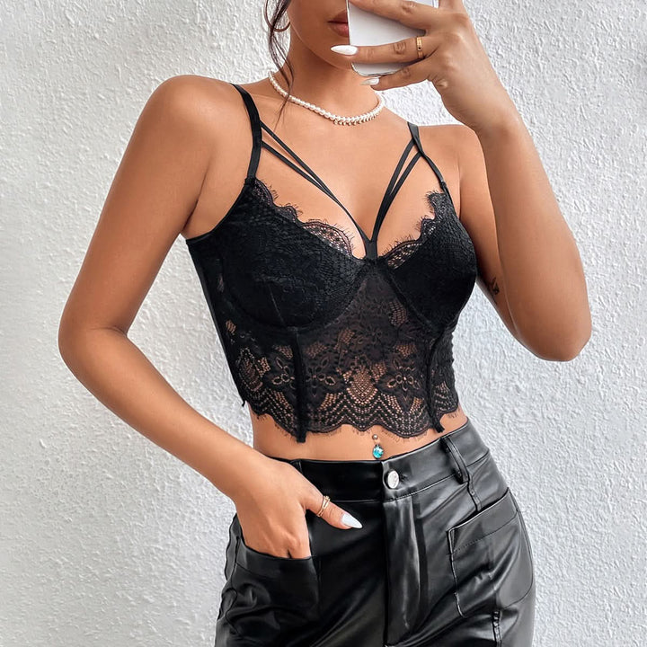 Hollow out lace hem v neck solid cami cut out top  | Festival Outfits Women