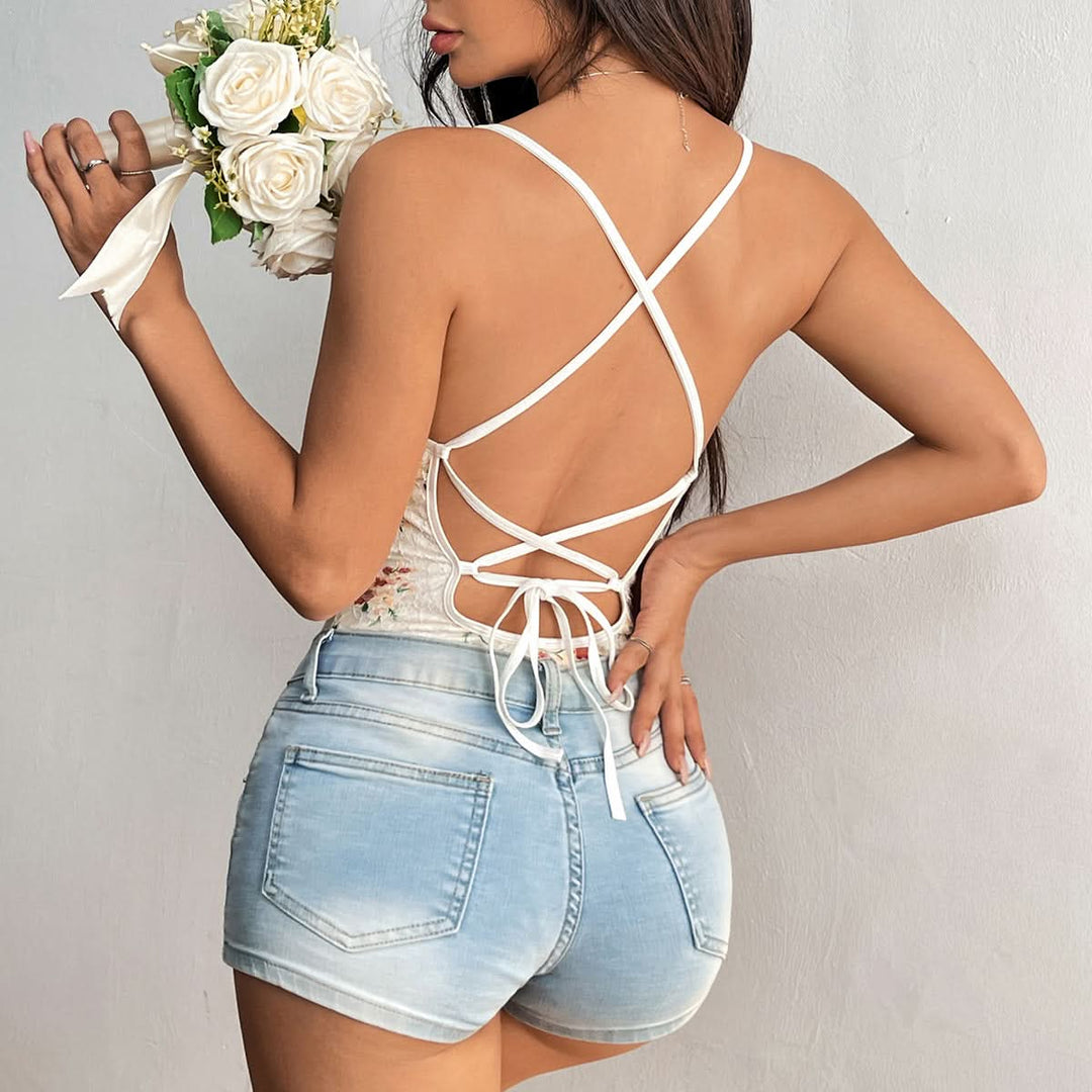 Lace hem flower print self tie v neck cami bodysuit  | Festival Outfits Women
