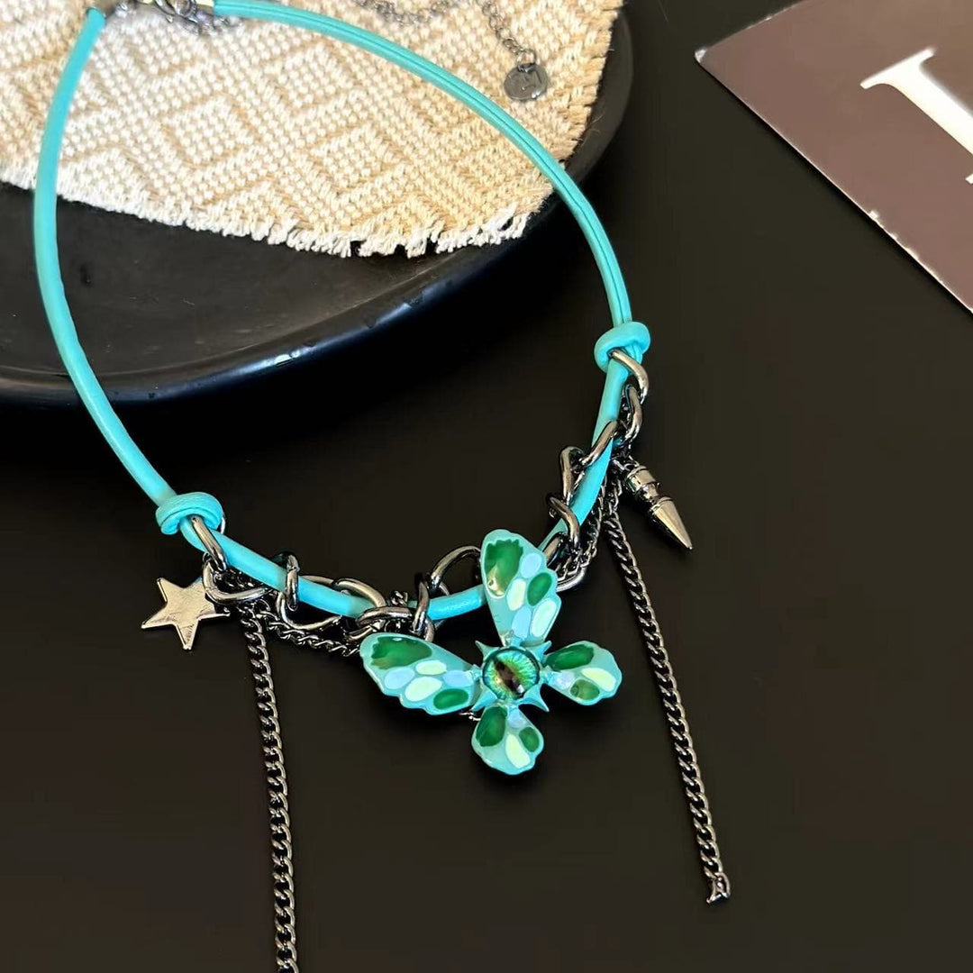 Metal chain green butterfly decor choker necklace  | Festival Outfits Women
