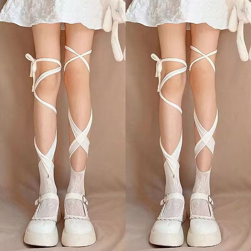 Self tie irregular lace thigh high socks  | Festival Outfits Women