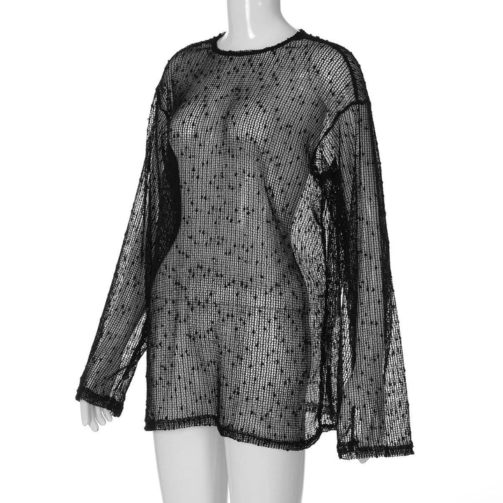 Long sleeve crewneck hollow out see through cut out top  | Festival Outfits Women