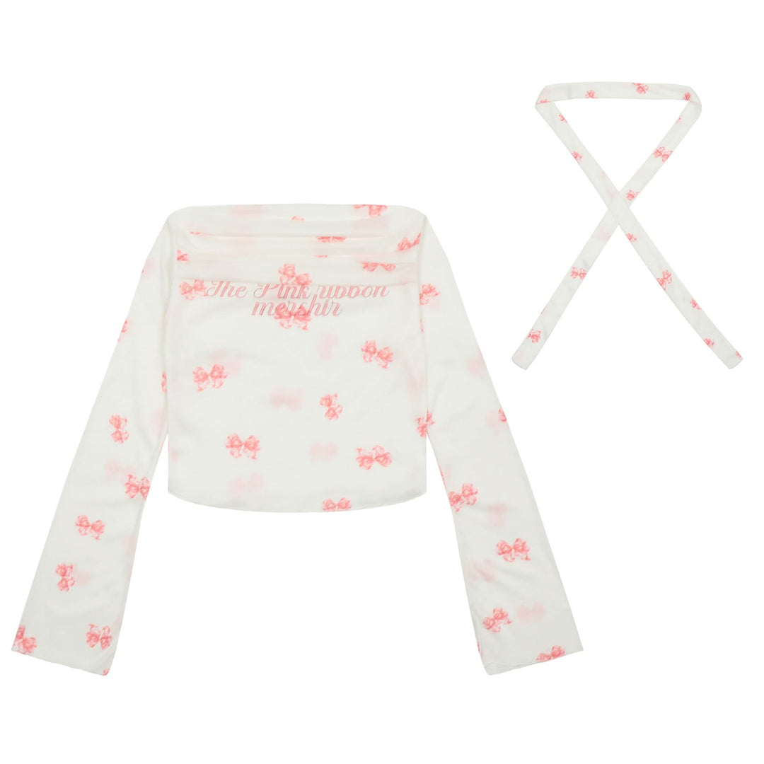 Long sleeve bowknot print ruffle off shoulder top  | Festival Outfits Women