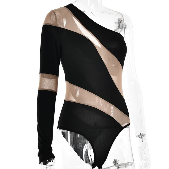 Irregular one shoulder mesh button bodysuit  | Festival Outfits Women