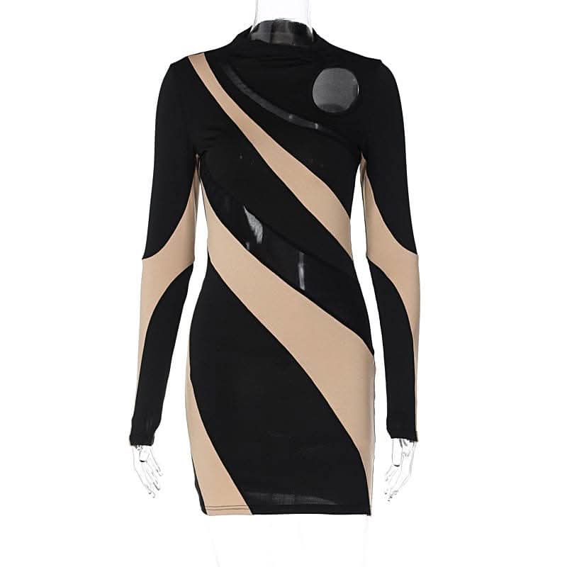 Long sleeve mesh contrast patchwork hollow out cut out mini dress-final-sale  | Festival Outfits Women