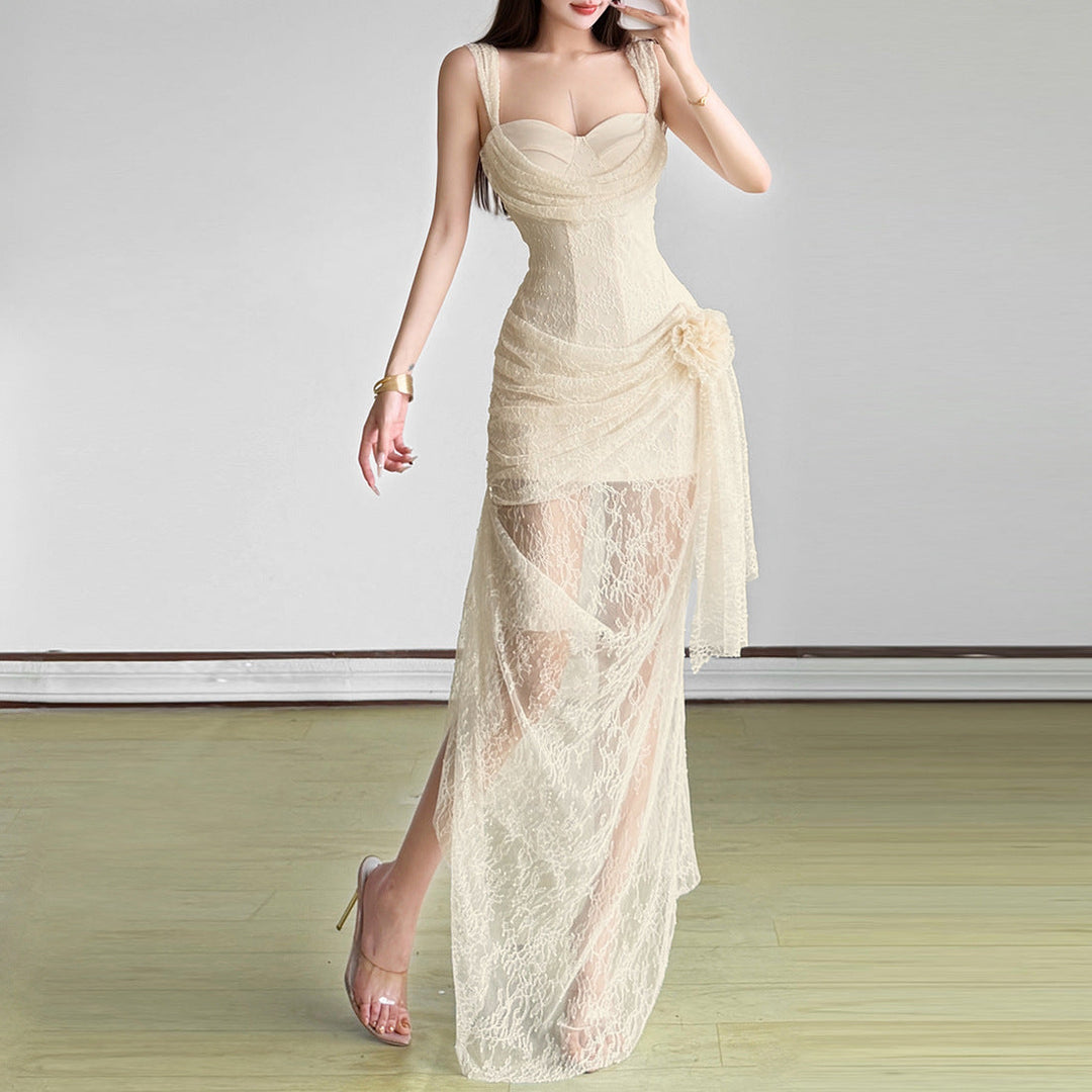 Lace ruched flower applique irregular cami maxi dress