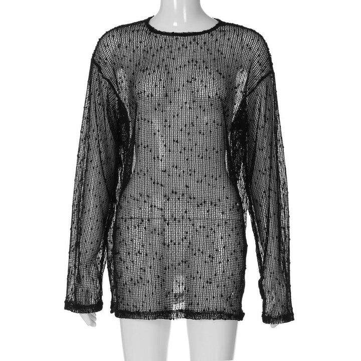 Long sleeve crewneck hollow out see through cut out top  | Festival Outfits Women