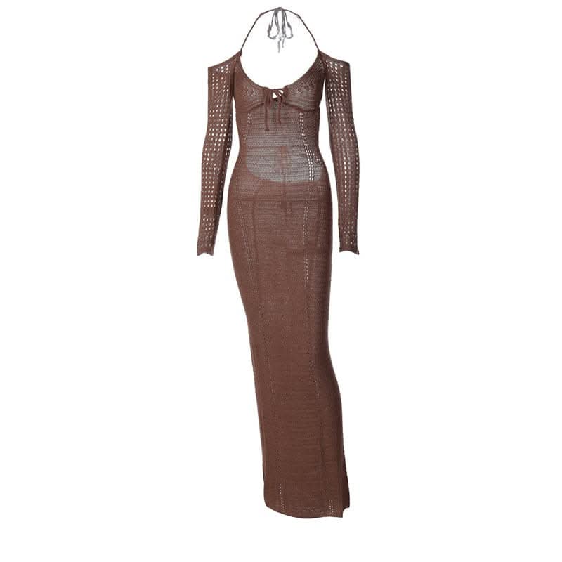 Long sleeve off shoulder halter knitted backless maxi dress-final-sale  | Festival Outfits Women