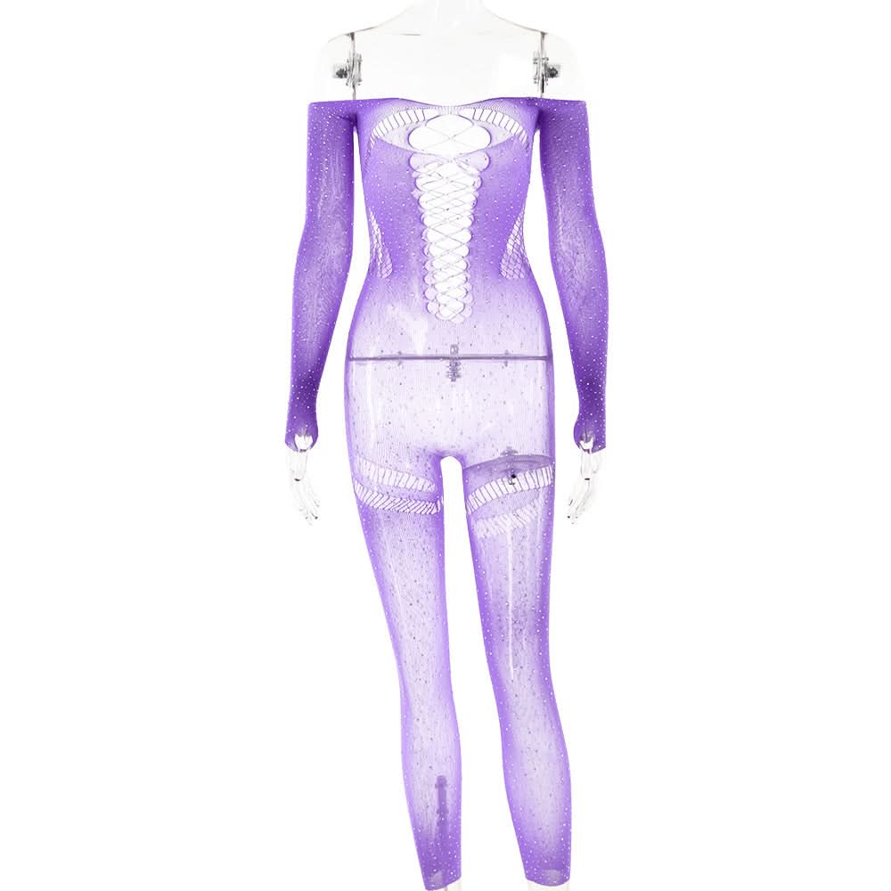 Off shoulder long sleeve beaded hollow out jumpsuit  | Festival Outfits Women