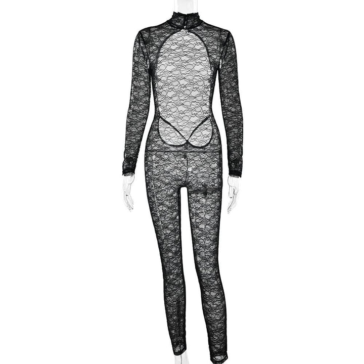 High neck long sleeve lace backless jumpsuit  | Festival Outfits Women