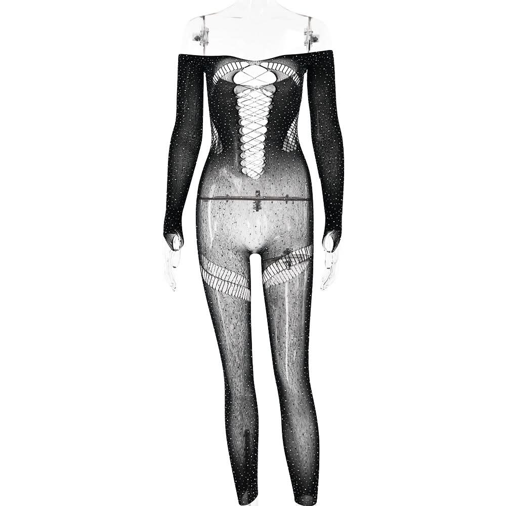 Off shoulder long sleeve beaded hollow out jumpsuit  | Festival Outfits Women
