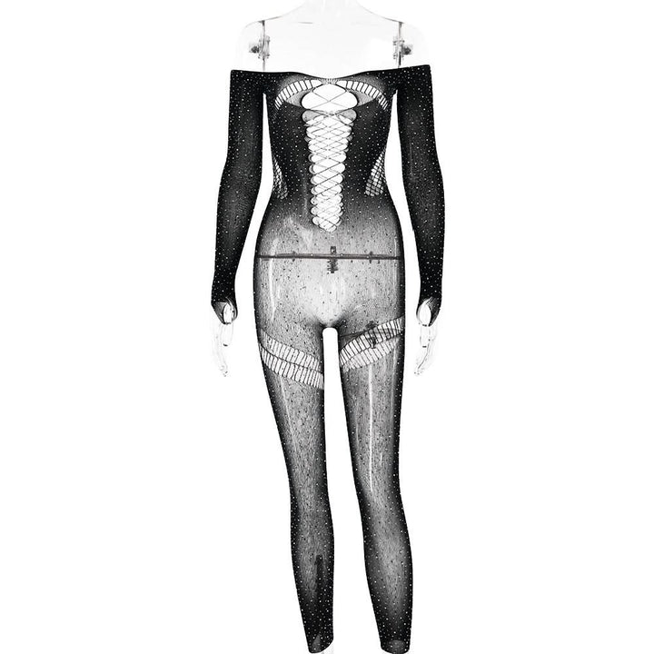 Off shoulder long sleeve beaded hollow out jumpsuit  | Festival Outfits Women