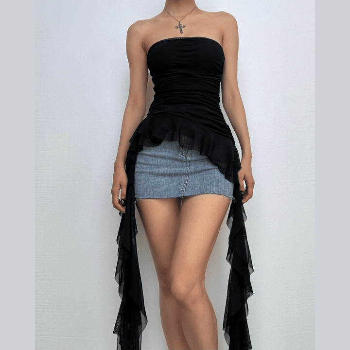 Ruffle mesh ruched irregular solid tube top  | Festival Outfits Women