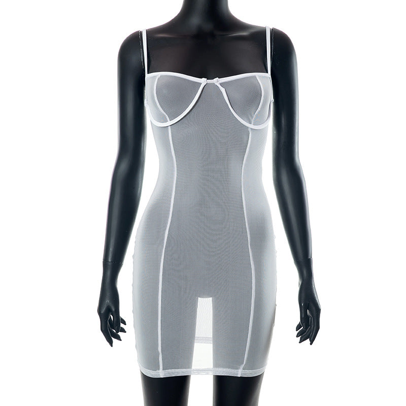Sheer mesh see through solid low cut cami mini dress-final-sale
