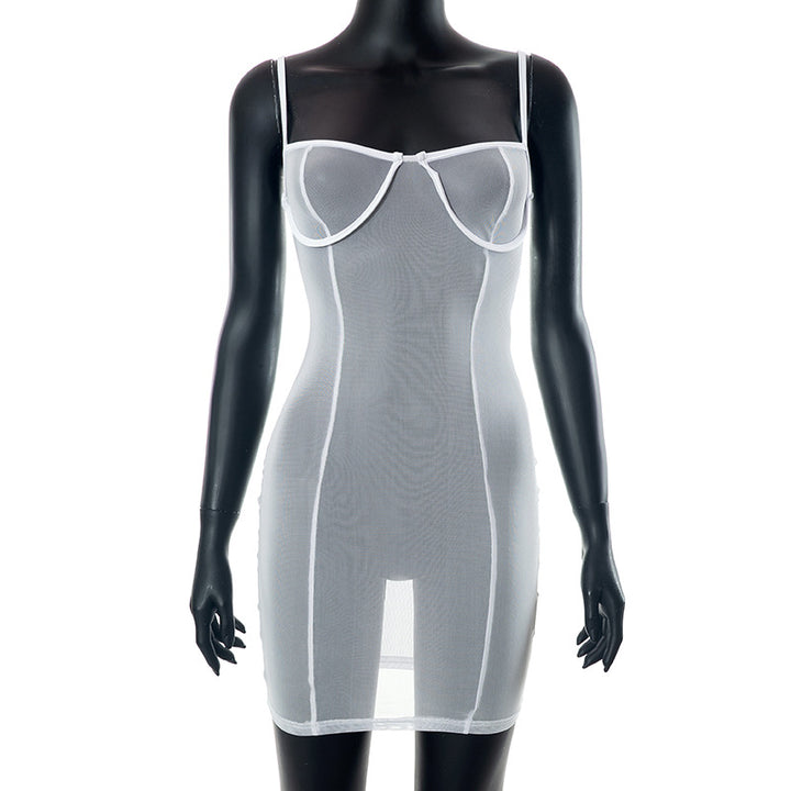 Sheer mesh see through solid low cut cami mini dress-final-sale