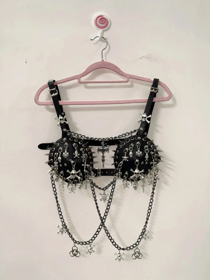 Metal chain rivet skull applique buckle cami top  | Festival Outfits Women