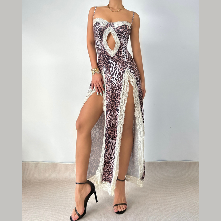 Leopard print lace hem hollow out high slit cami cut out maxi dress  | Festival Outfits Women