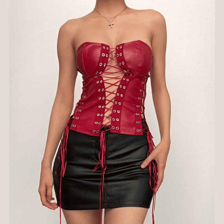 Lace up zip-up PU leather solid corset tube top  | Festival Outfits Women
