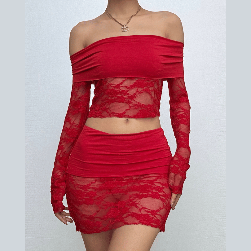 Long sleeve off shoulder lace see through mini skirt set  | Festival Outfits Women