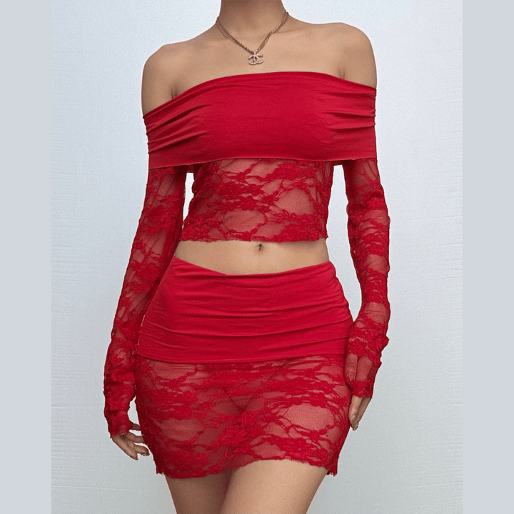 Long sleeve off shoulder lace see through mini skirt set  | Festival Outfits Women
