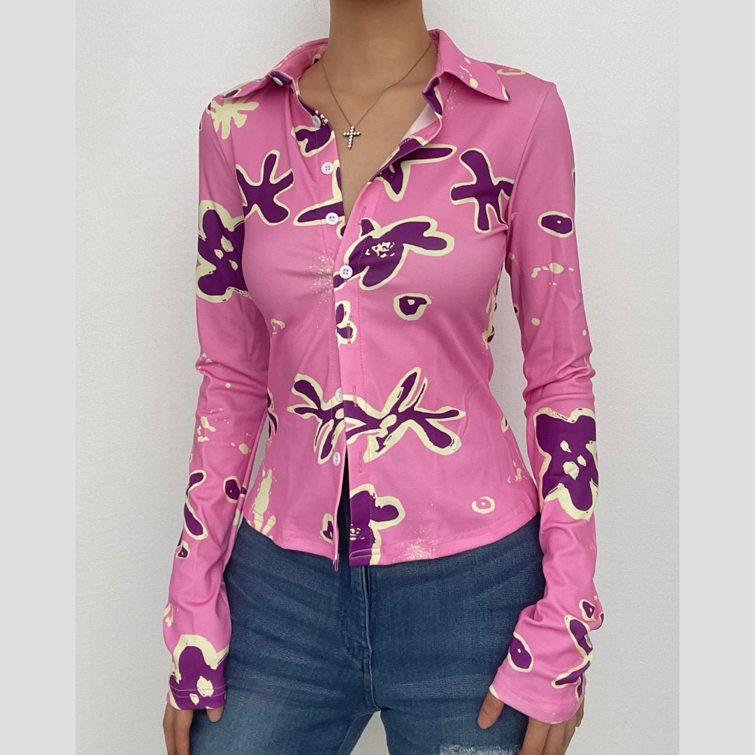 Turnover collar button contrast print long sleeve top-final-sale  | Festival Outfits Women