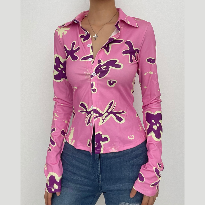 Turnover collar button contrast print long sleeve top-final-sale  | Festival Outfits Women