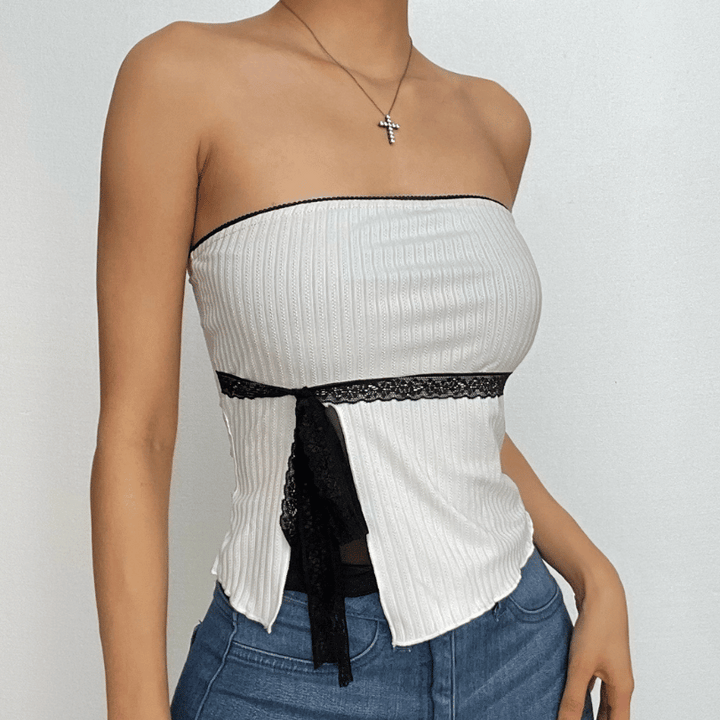 Bowknot lace hem ribbed patchwork slit backless ruffle tube top  | Festival Outfits Women