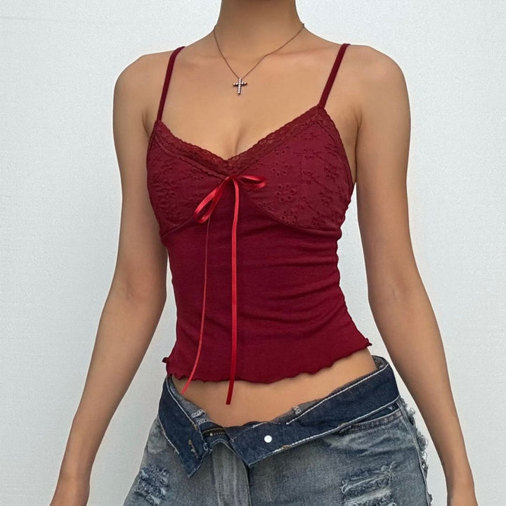 Lace patchwork bowknot backless cami top  | Festival Outfits Women-final-sale