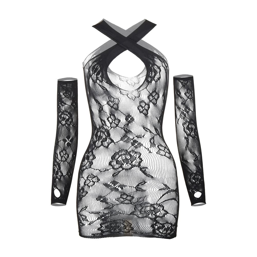 Gloves sheer lace hollow out cross front cut out mini dress  | Festival Outfits Women