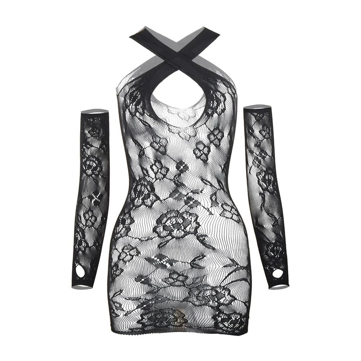 Gloves sheer lace hollow out cross front cut out mini dress  | Festival Outfits Women