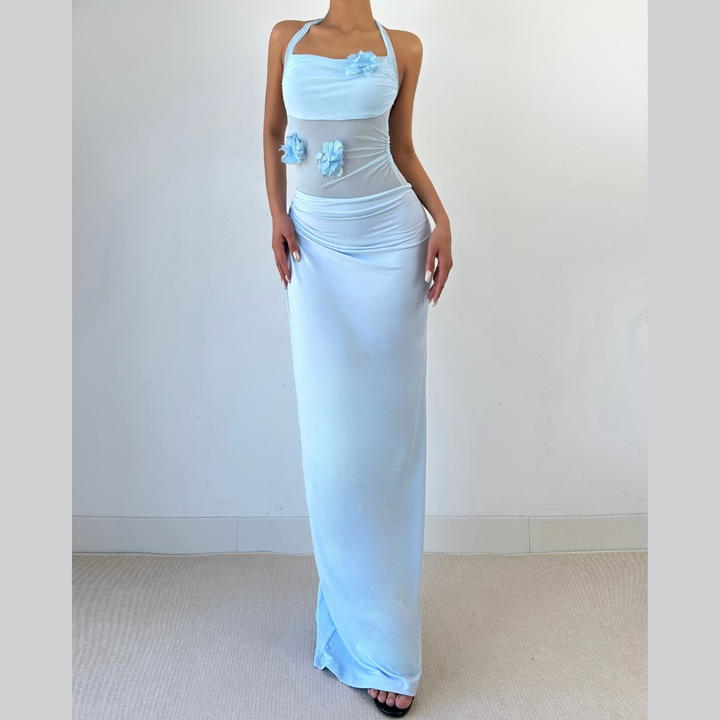 Self tie halter flower applique mesh hollow out cut out maxi dress  | Festival Outfits Women