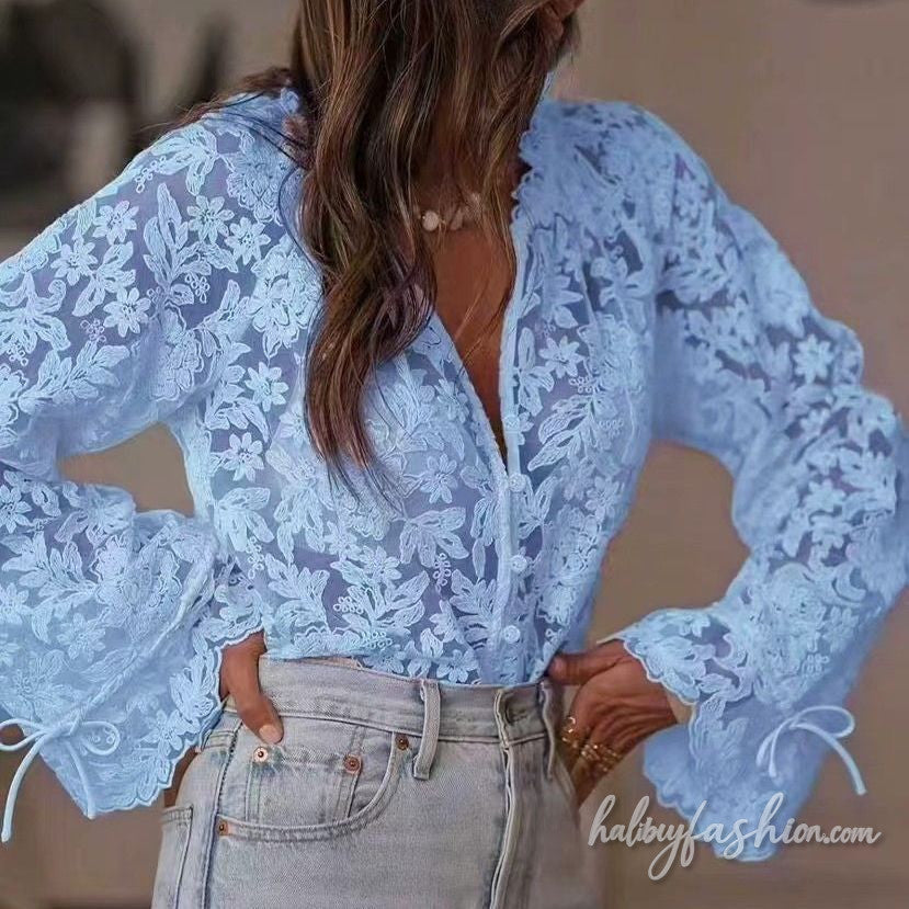 Long sleeve lace self tie button v neck top - Halibuy - 4