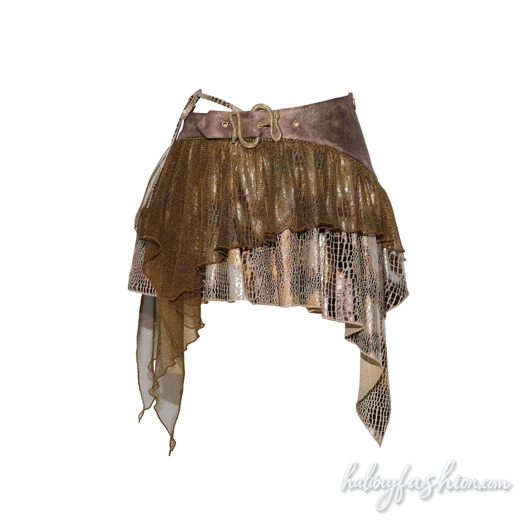 Irregular snakeskin print A line ruffle mini skirt
