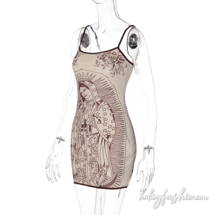 U neck characters print backless cami mini dress