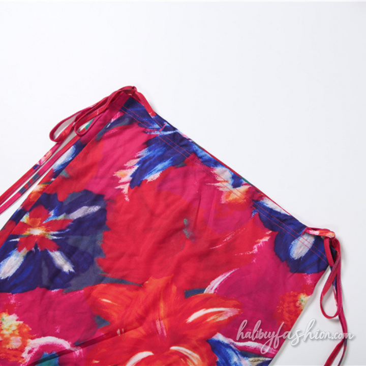 Cowl neck halter self tie print maxi skirt set