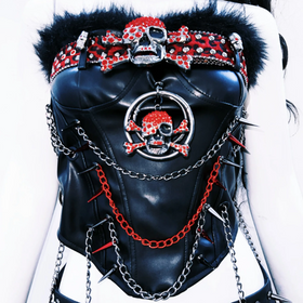 Metal chain fluffy PU leather o ring skull applique top  | Festival Outfits Women