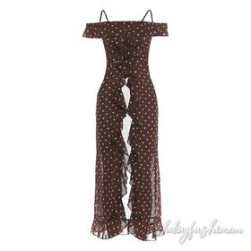 Off shoulder polka dot ruffle high slit cami top