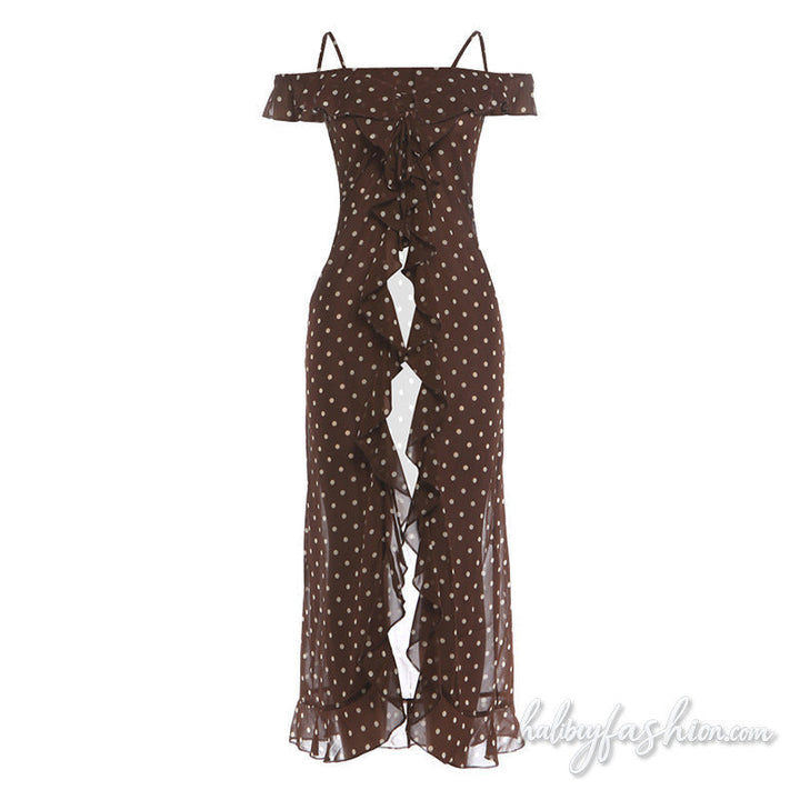 Off shoulder polka dot ruffle high slit cami top