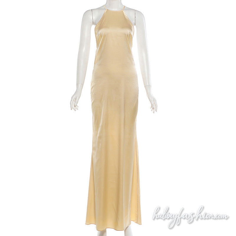 Crewneck backless beaded solid maxi dress