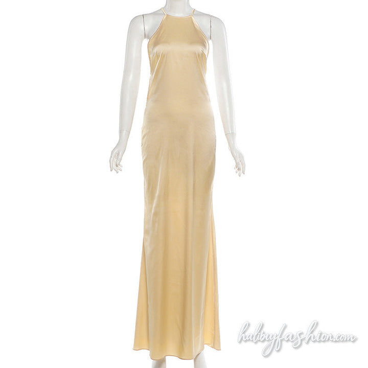 Crewneck backless beaded solid maxi dress