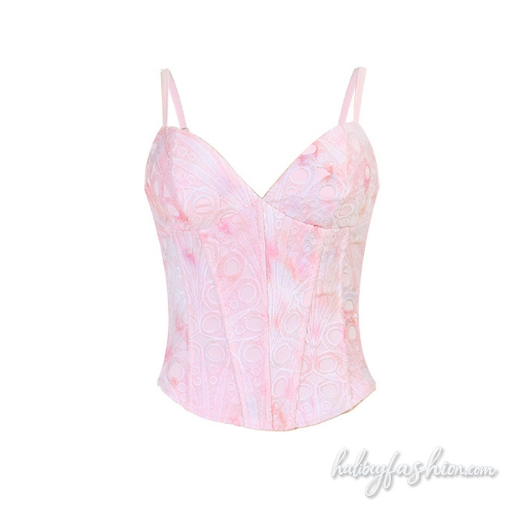 Print v neck corset zip-up backless cami top