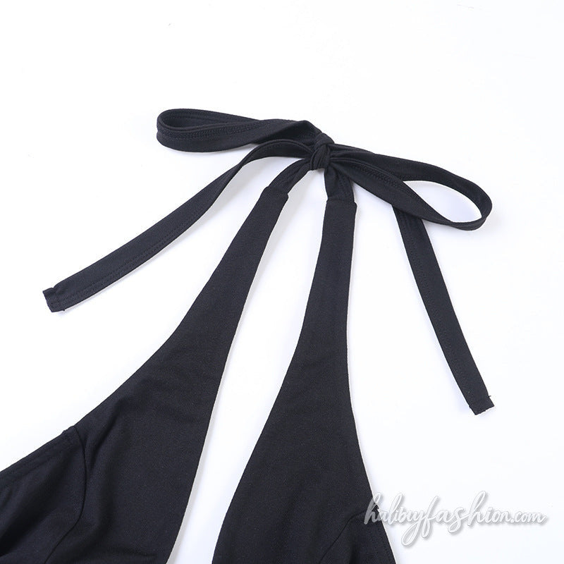 Halter self tie v neck backless solid bodysuit