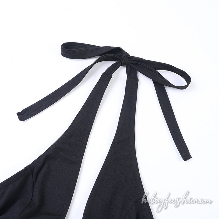 Halter self tie v neck backless solid bodysuit