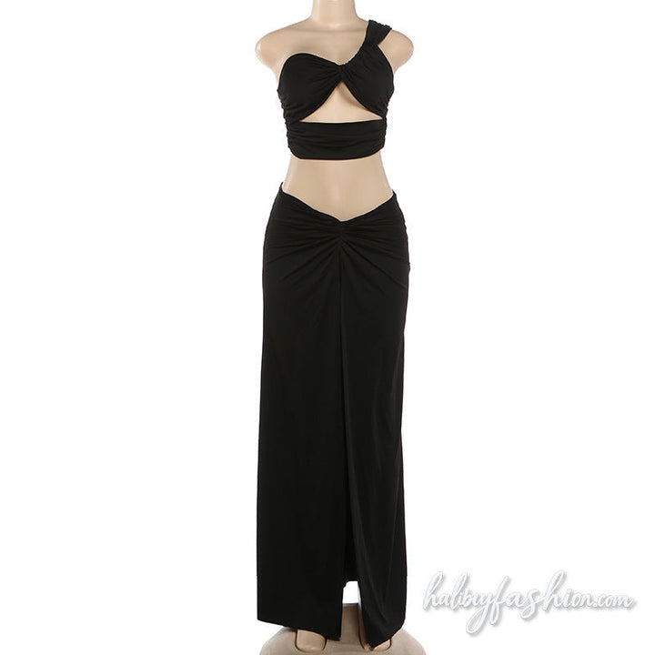 Hollow out one shoulder ruched slit maxi skirt set
