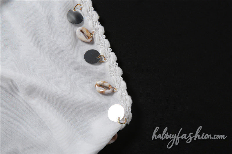 Hollow out halter self tie shell applique top