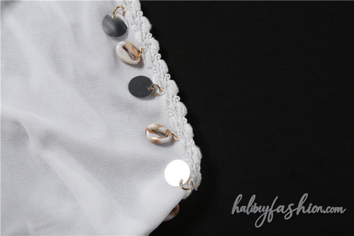 Hollow out halter self tie shell applique top