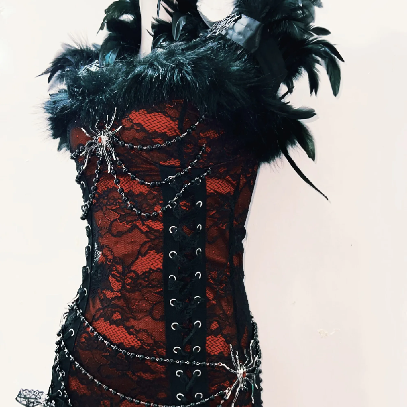 Feather spider applique beaded lace up maxi dress  | Festival Outfits Women